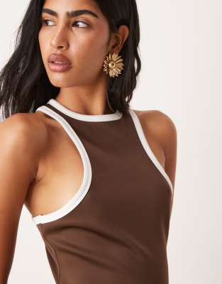 Asos Design Scuba Bubble Hem Contrast Binding Mini Dress In Brown