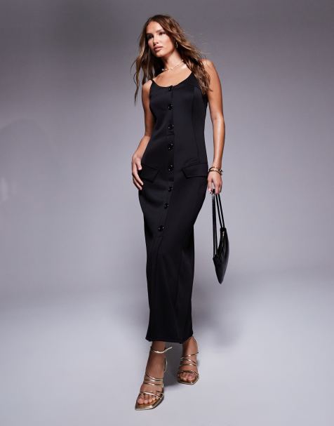 ASOS DESIGN scuba button down black midi dress in black - view 1