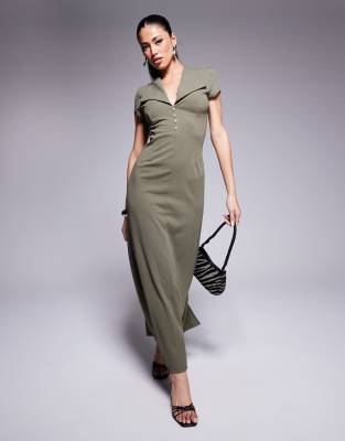 scuba cap sleeve collard button midi dress in khaki-Green