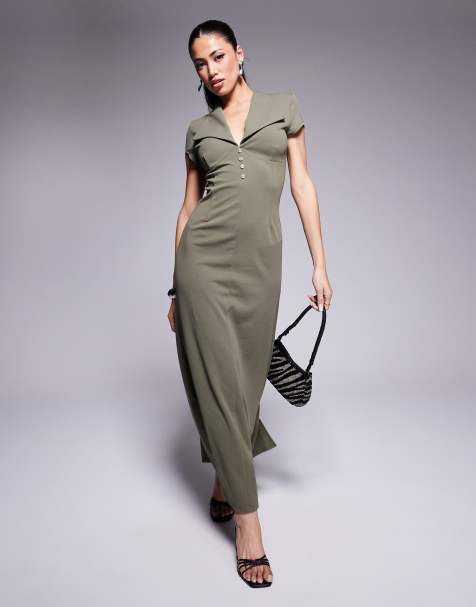 ASOS DESIGN scuba cap sleeve collard button midi dress in khaki - view 1