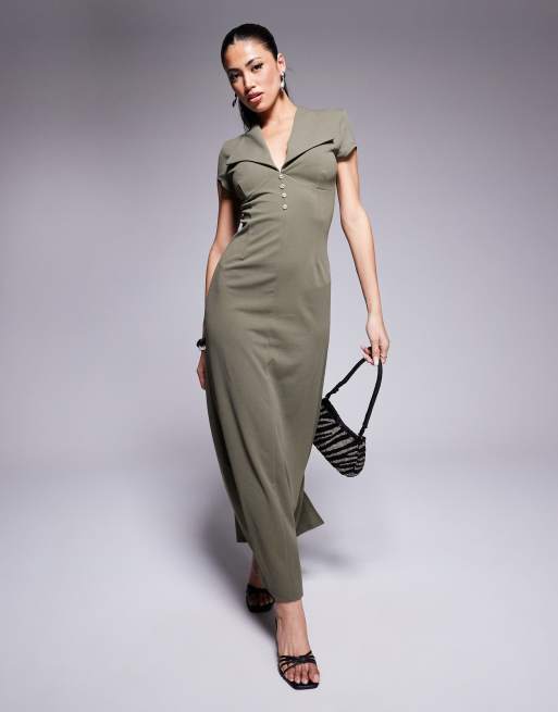 ASOS DESIGN scuba cap sleeve collared button midi dress in khaki