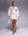 [ASOS DESIGN] ASOS DESIGN scuba cocoon sleeve mini dress with central trim detail in stone-Neutral 14 Stone
