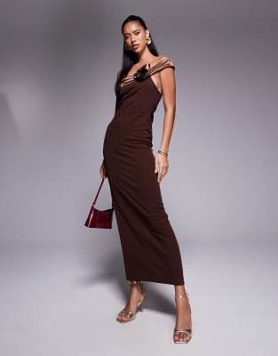 Asos Design Scuba Contrast Bandeau Midaxi Dress With Corsage In Multi
