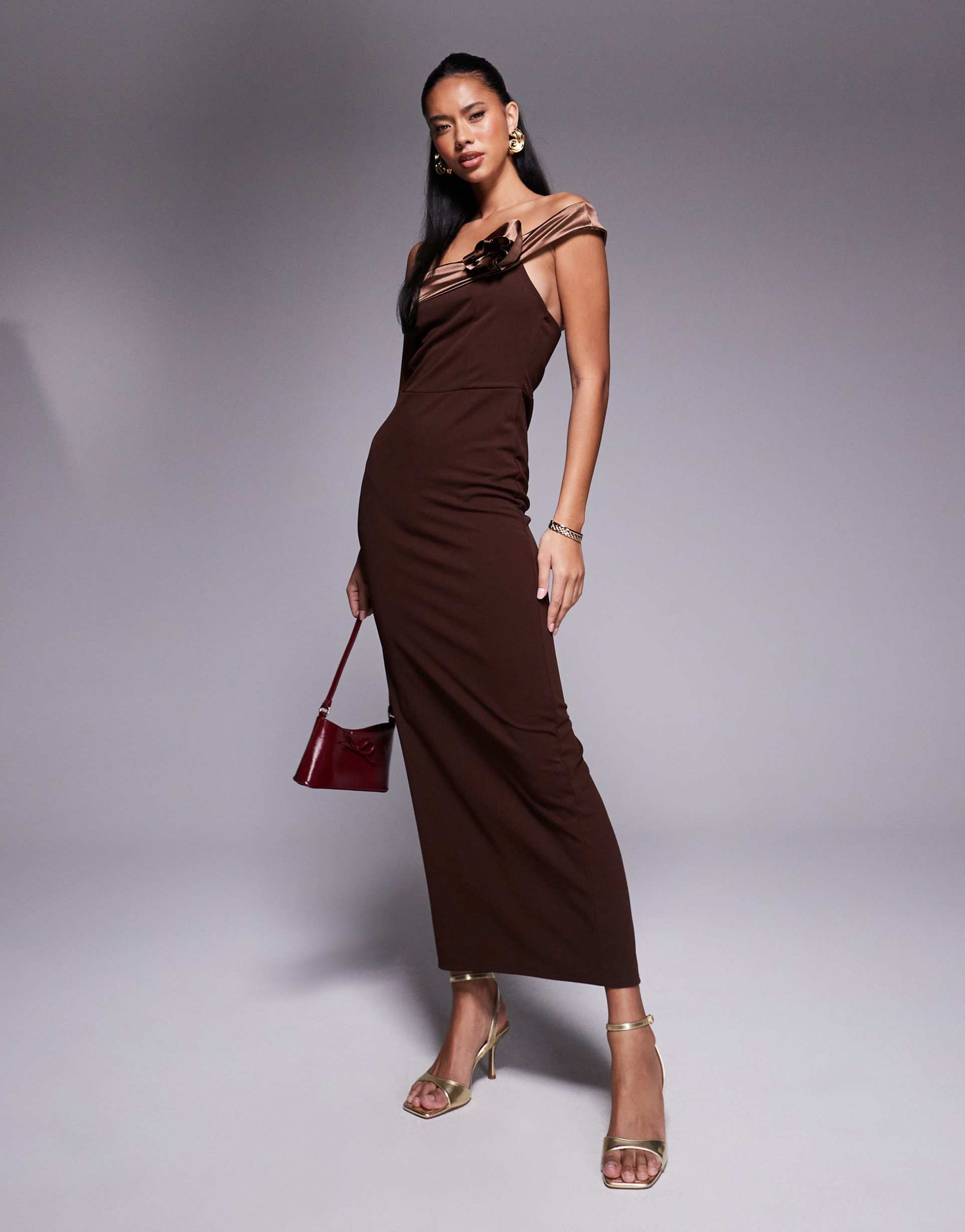 asos design scuba contrast bandeau midaxi dress with corsage in chocolate