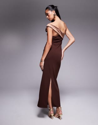 Asos Design Scuba Contrast Bandeau Midaxi Dress With Corsage In Multi