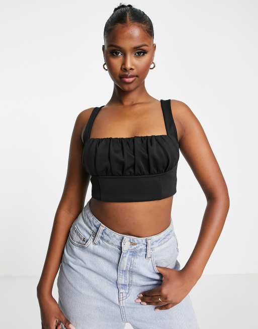 Bershka mesh overlay corset top in black