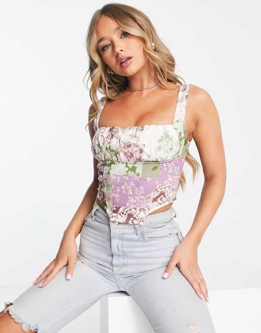 The Frolic satin long sleeve corset top in pink, ASOS