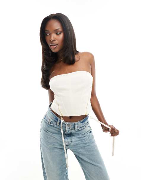 ASOS DESIGN scuba corset top with front zips in champagne - view 1