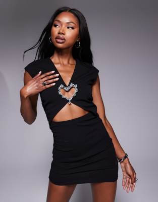Asos Design Scuba Crepe Cut-out With Ruching Mini Dress With Silver Heart Trim In Black