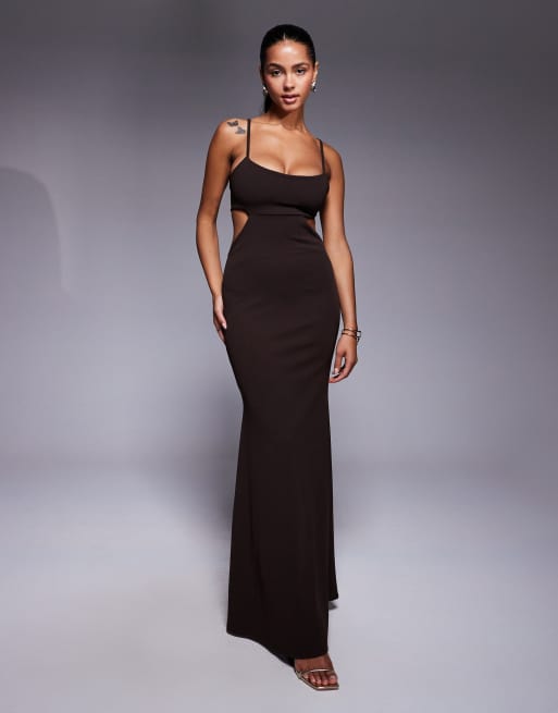 ASOS DESIGN scuba crepe maxi dress with fishtail hem and cut outs in chocolate