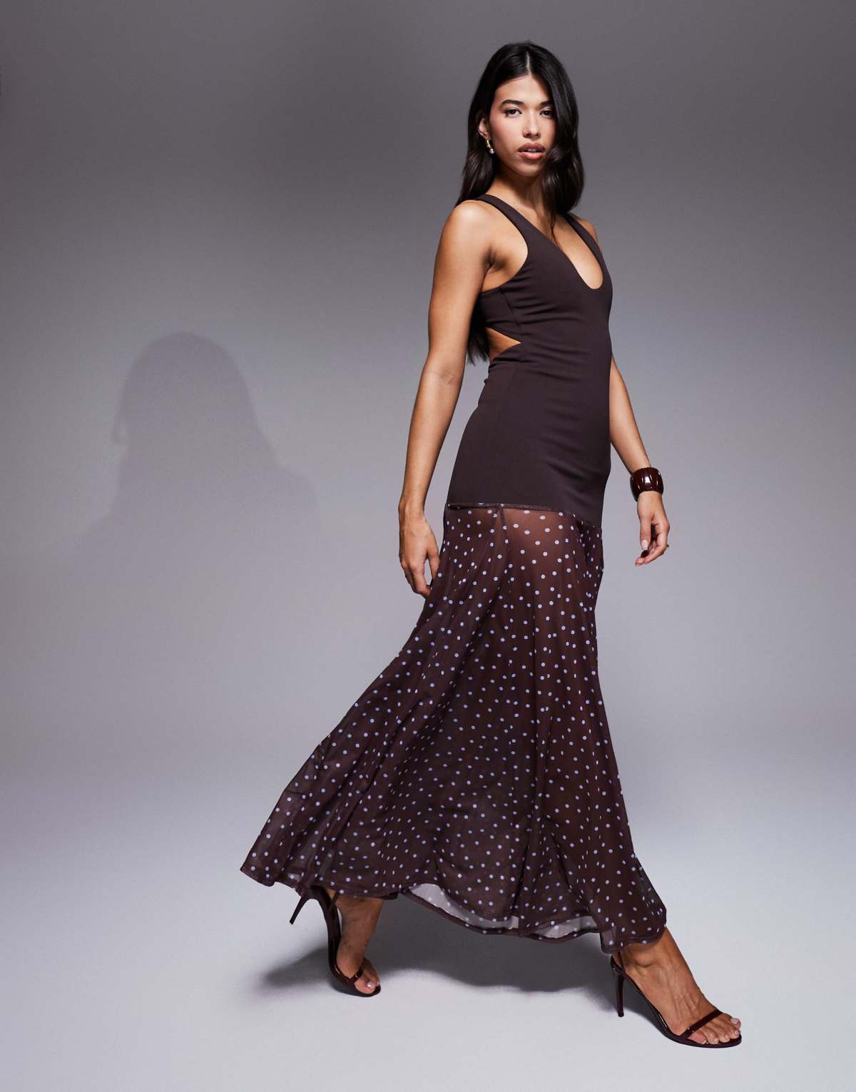 ASOS DESIGN scuba crepe maxi dress with sheer skirt in polkadot