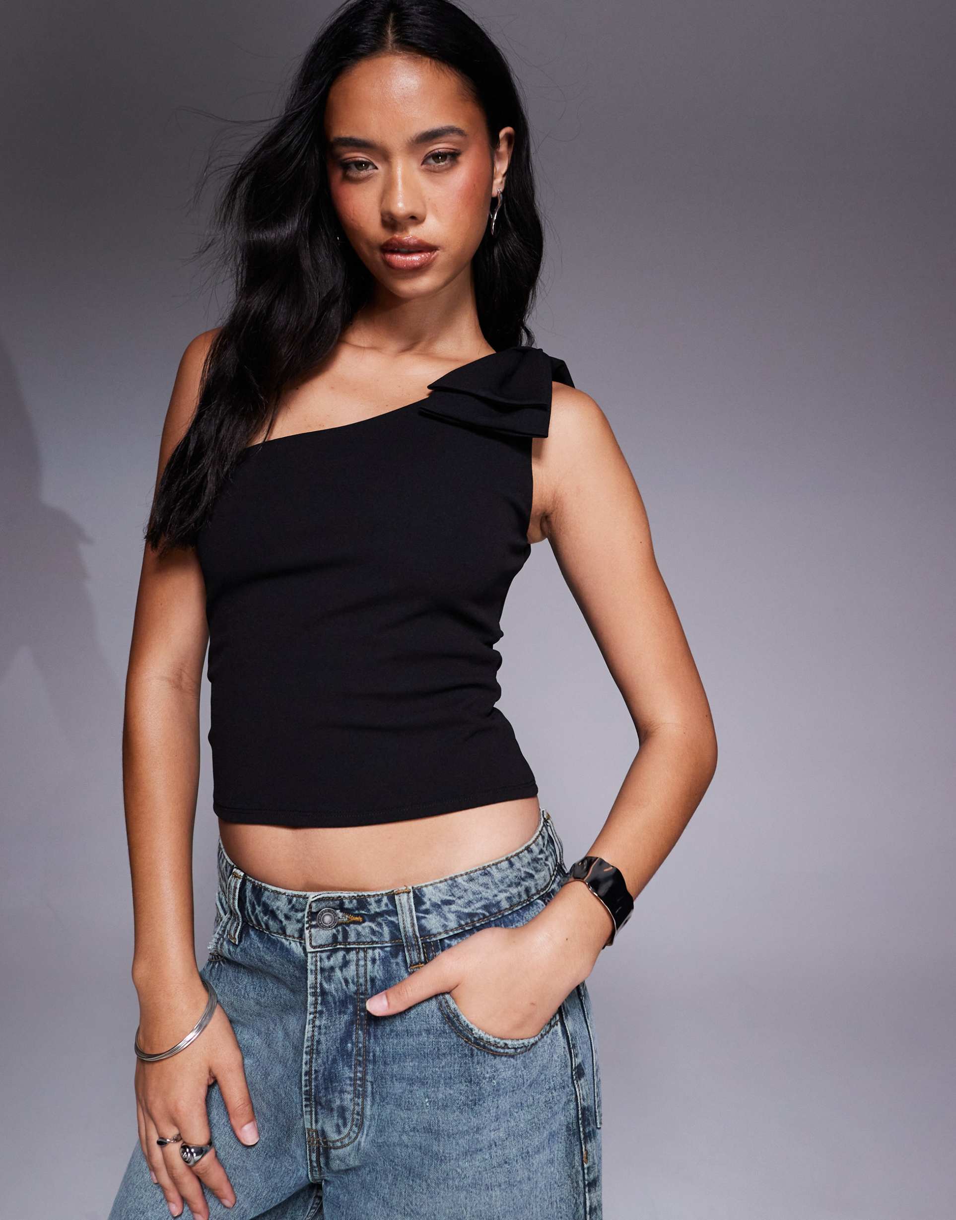 asos design scuba crepe one shoulder bow top in black