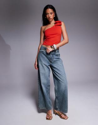 Asos Design Scuba Crepe One Shoulder Bow Top In Red