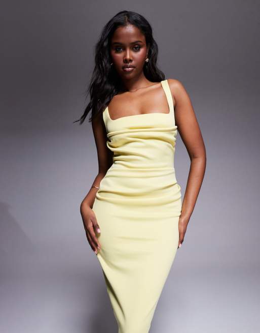 ASOS DESIGN scuba curved neckline midi dress with slit in lemon