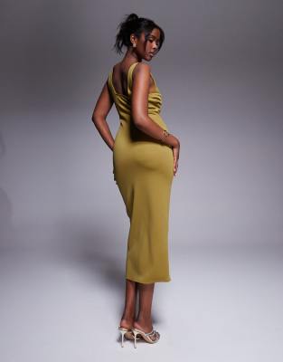 Shop Asos Design Scuba Curved Neckline Midi Dress With Split In Copper