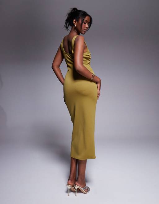 ASOS DESIGN scuba curved neckline midi dress with split in bronze