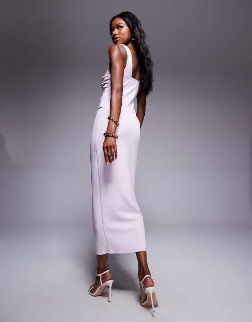 ASOS DESIGN scuba curved neckline midi dress with split in lilac