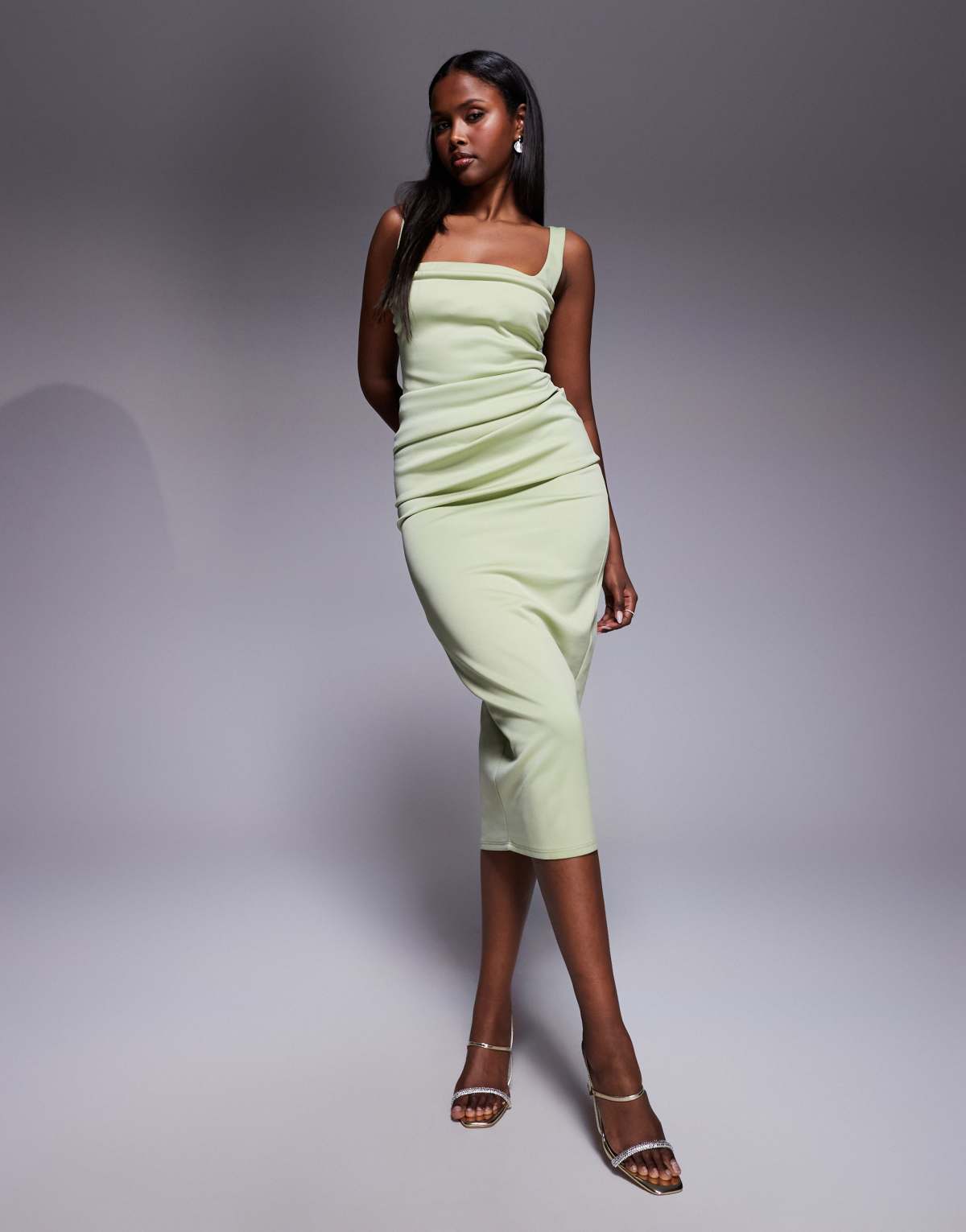 ASOS DESIGN scuba curved neckline midi dress with split in sage green