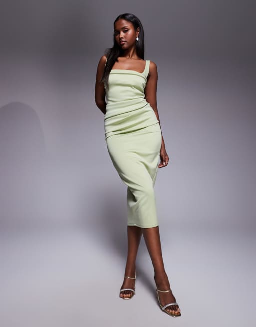 ASOS DESIGN scuba curved neckline midi dress with split in sage green