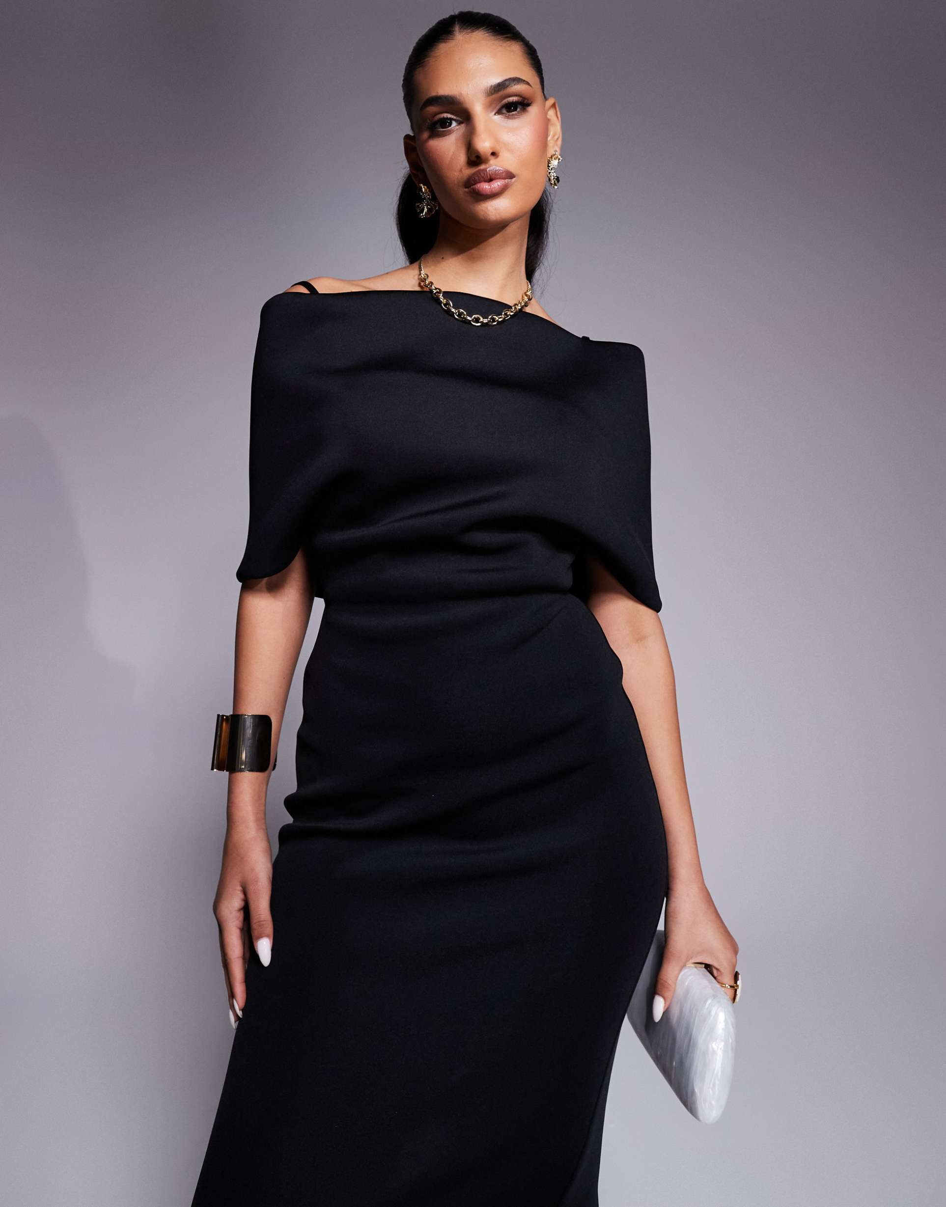 asos design scuba deep bardot midi dress with cape back detail in black