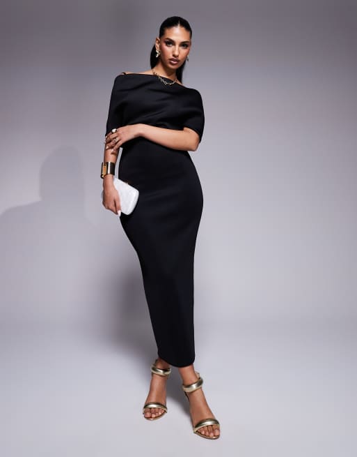 ASOS DESIGN scuba deep bardot midi dress with cape back detail in black