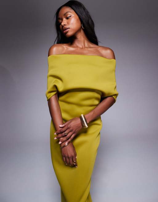 ASOS DESIGN scuba deep bardot midi dress with cape back detail in green