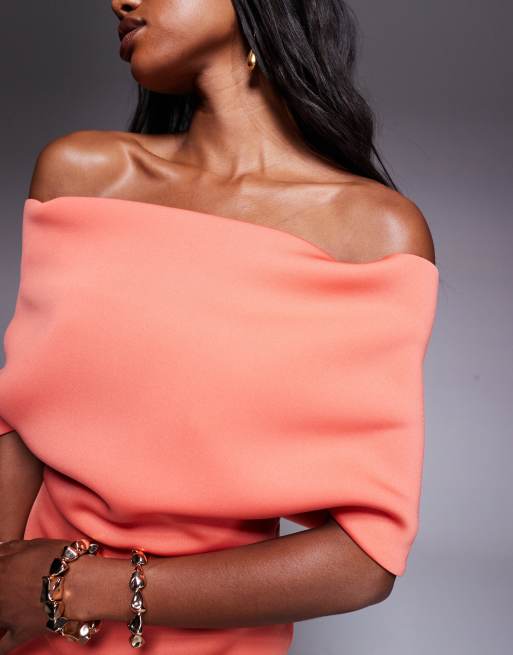 ASOS DESIGN scuba deep off the shoulder midi dress with cape back detail in ember orange