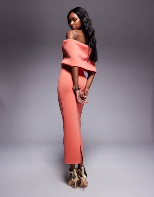 ASOS DESIGN scuba deep off the shoulder midi dress with cape back detail in ember orange
