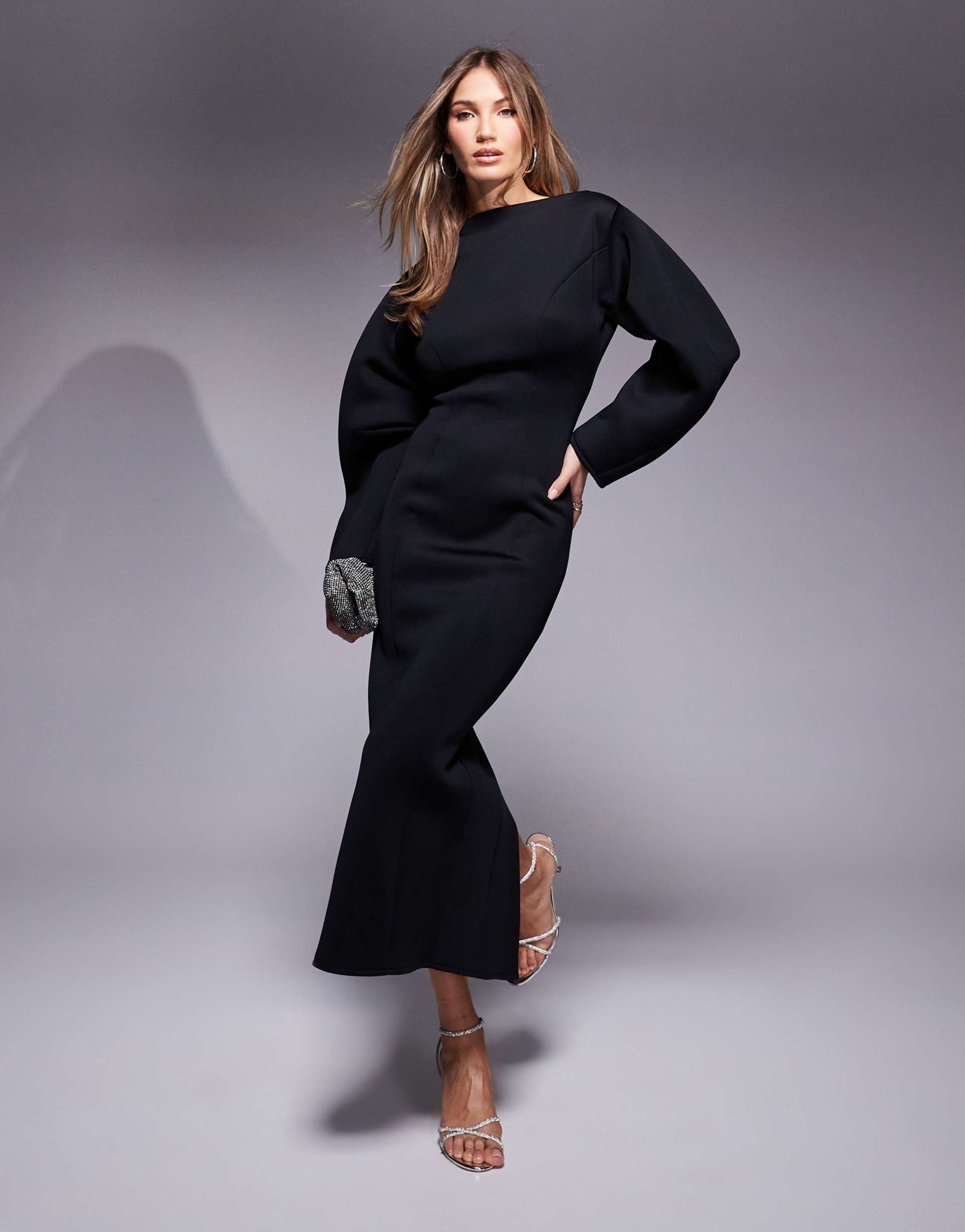 asos design scuba dome sleeve pencil midaxi dress in black