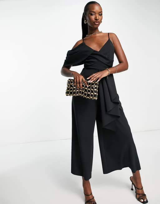 ASOS DESIGN scuba drape neck culotte jumpsuit in black | ASOS