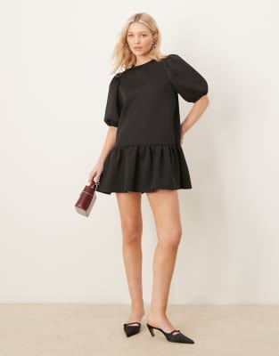 Asos Design Scuba Dropped Waist Mini Dress With Puffed Sleeves In Black