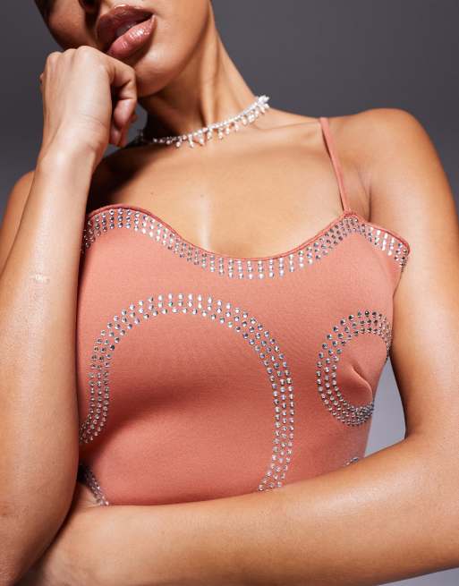 ASOS DESIGN scuba embellished hotfix squiggly mini dress in rust