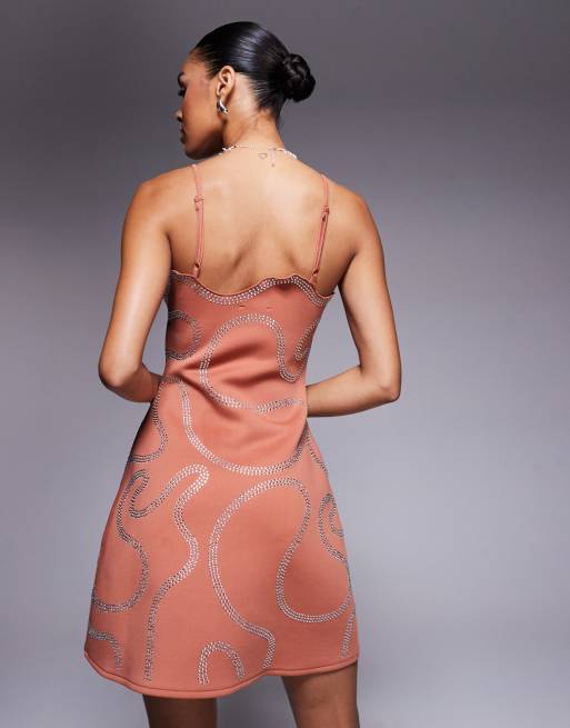 ASOS DESIGN scuba embellished hotfix squiggly mini dress in rust