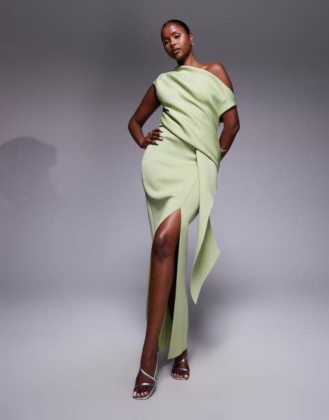 ASOS DESIGN scuba fallen shoulder manipulated fold midi dress in sage - view 1