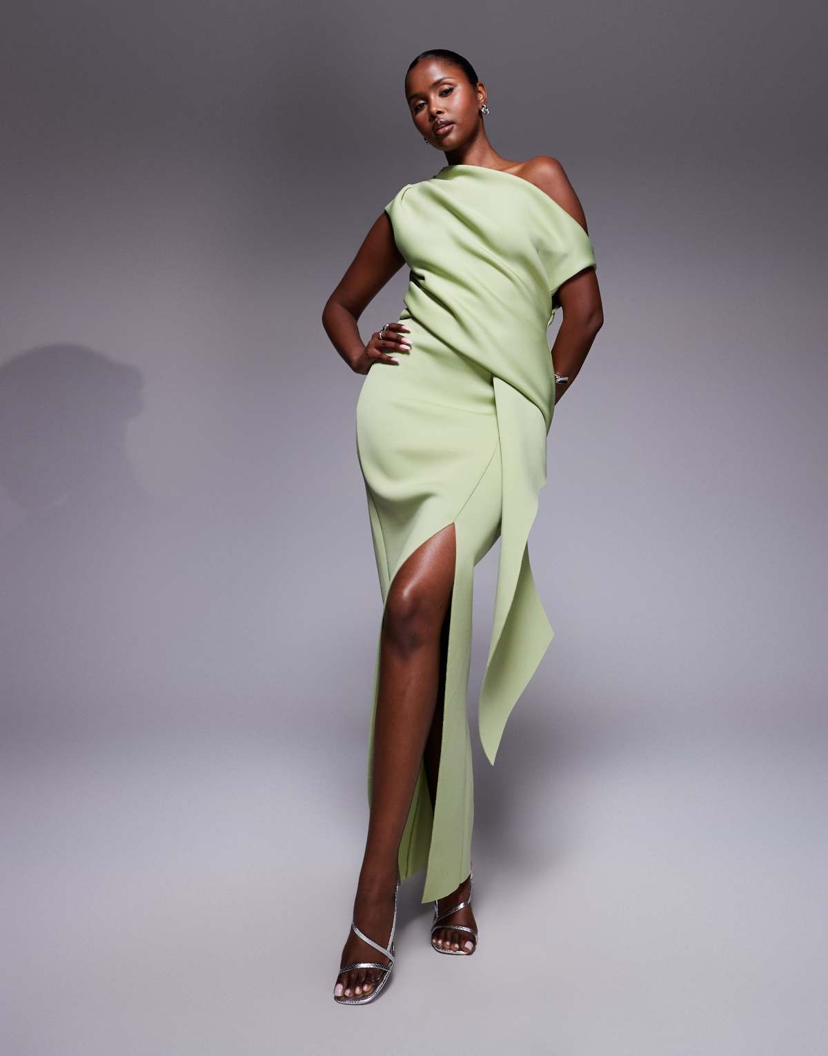 ASOS DESIGN scuba fallen shoulder manipulated fold midi dress in sage