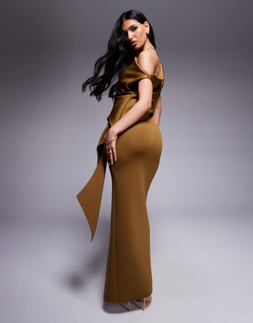 ASOS DESIGN scuba fallen shoulder manipulated folds maxi dress in bronze