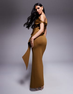 ASOS DESIGN scuba fallen shoulder manipulated folds maxi dress in bronze