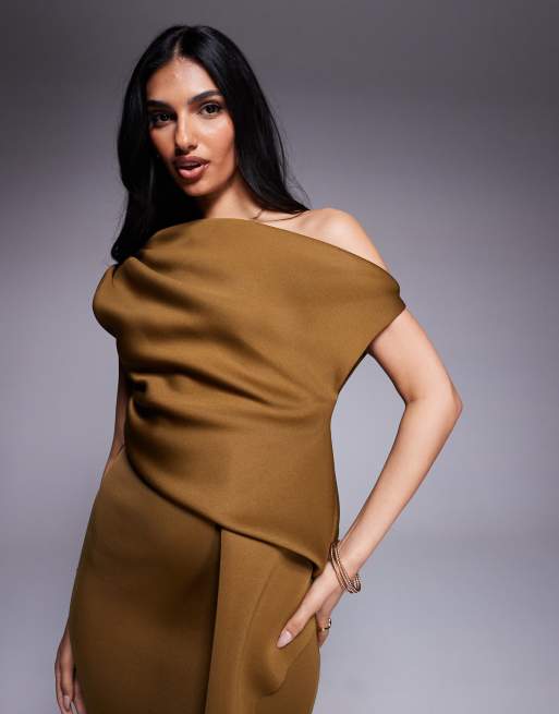 ASOS DESIGN scuba fallen shoulder manipulated folds maxi dress in bronze
