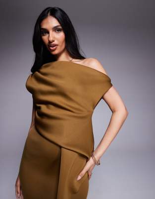 ASOS DESIGN scuba fallen shoulder manipulated folds maxi dress in bronze