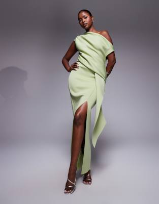 ASOS DESIGN scuba fallen shoulder manipulated folds maxi dress in sage - view 1