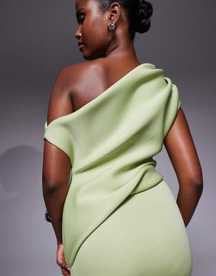 Asos Design Scuba Fallen Shoulder Manipulated Folds Maxi Dress