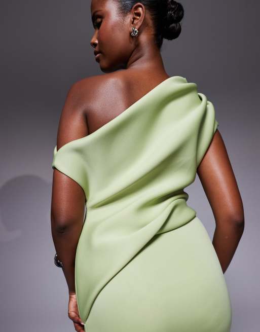 ASOS DESIGN scuba fallen shoulder manipulated folds maxi dress in sage