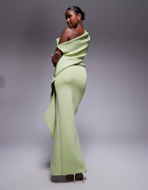 ASOS DESIGN scuba fallen shoulder manipulated folds maxi dress in sage