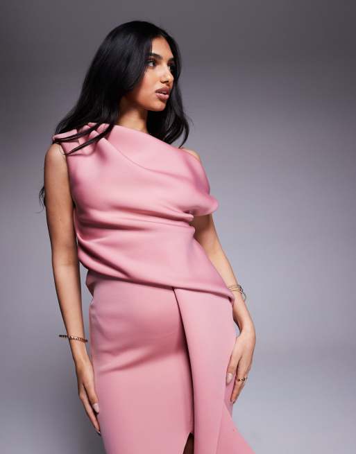 ASOS DESIGN scuba fallen shoulder manipulated folds midi dress in dusty rose