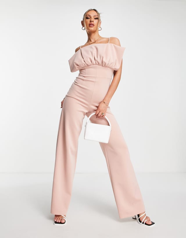 ASOS DESIGN scuba fan bandeau jumpsuit in dusky rose