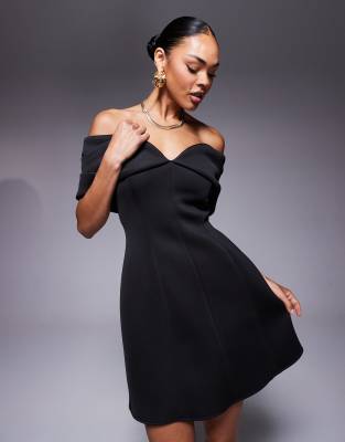 Asos Design Scuba Fold Back Detail Bardot Mini Dress In Black