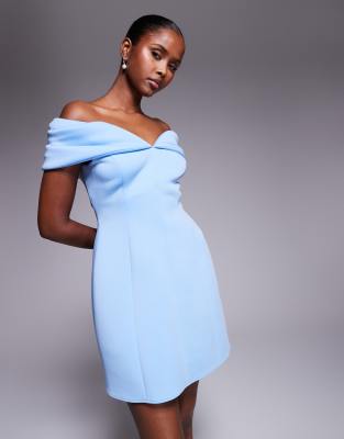Asos Design Scuba Fold Back Detail Bardot Mini Dress In Blue