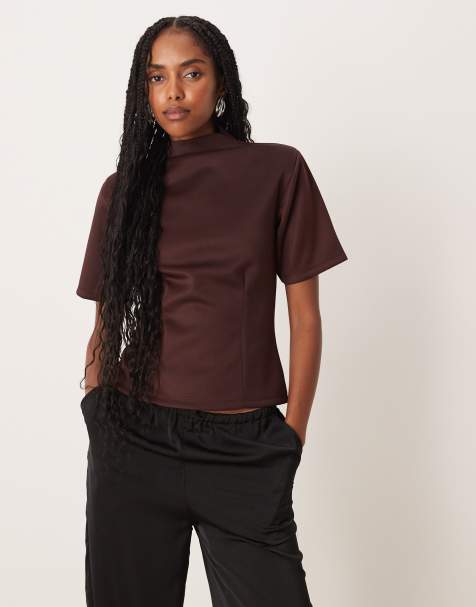 ASOS DESIGN scuba grown on neck cinched tee in ochre - view 1