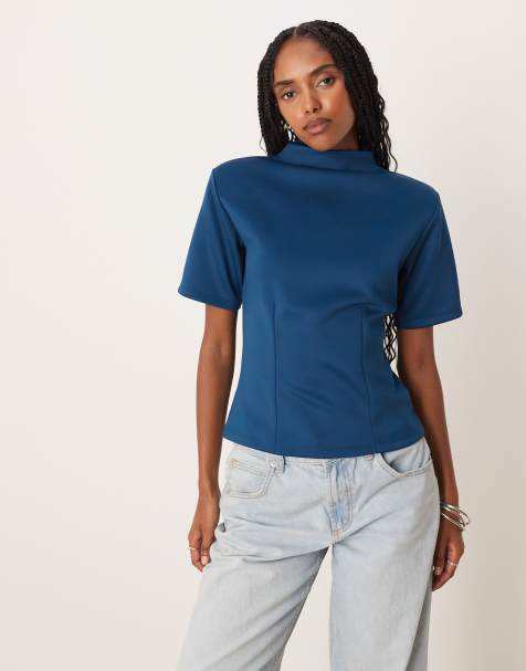 ASOS DESIGN scuba grown on neck cinched tee in teal - view 1