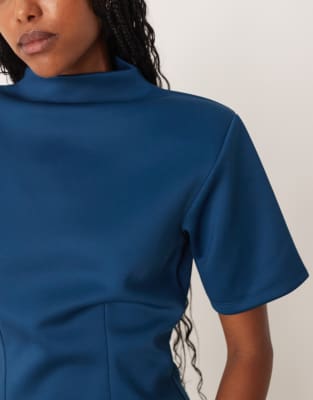 Asos Design Scuba Grown On Neck Cinched Tee In Blue